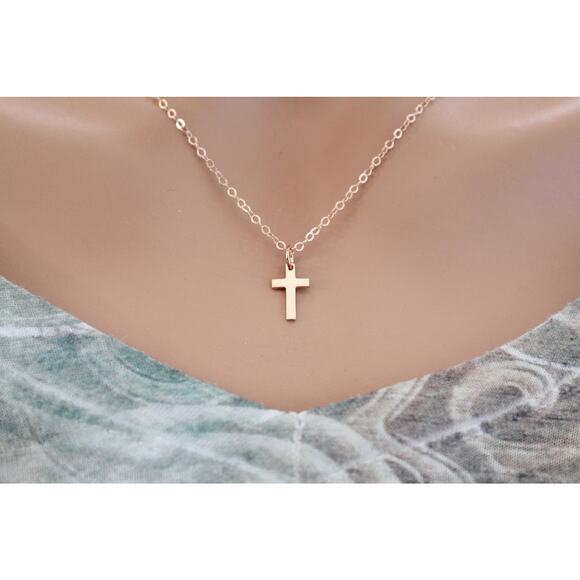 Rose Gold Small Cross Charm Necklace, Rose Gold Small Cross Necklace - Picture 1 of 4